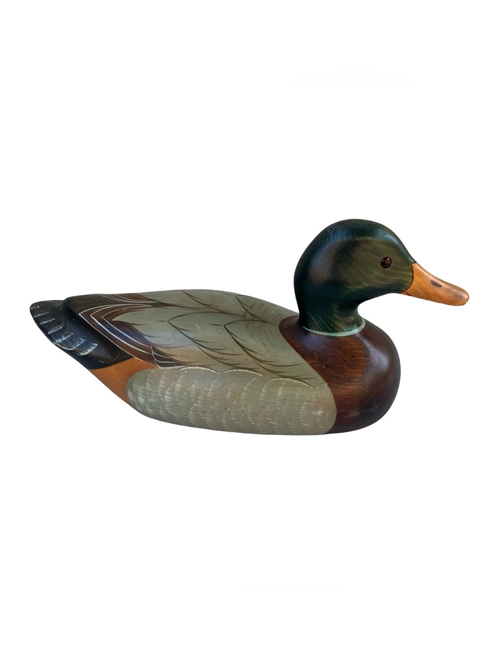 Handcrafted Wooden Mallard Drake Duck Decoy 14in Glass Eyes Stained Painted VTG